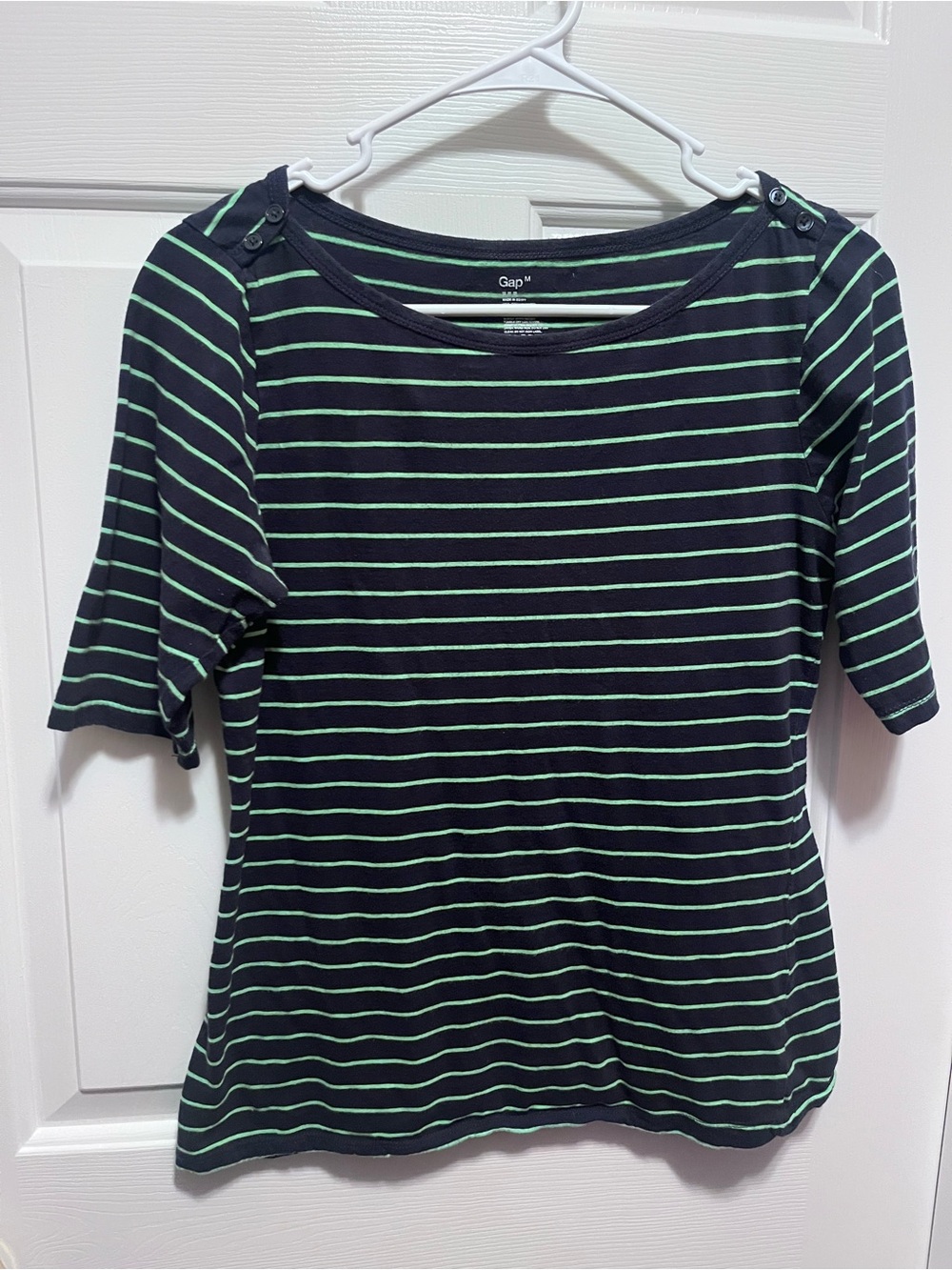 GAP Navy Top with Mint Green Stripes, Short Sleeve Cotton Crew Womens Size M